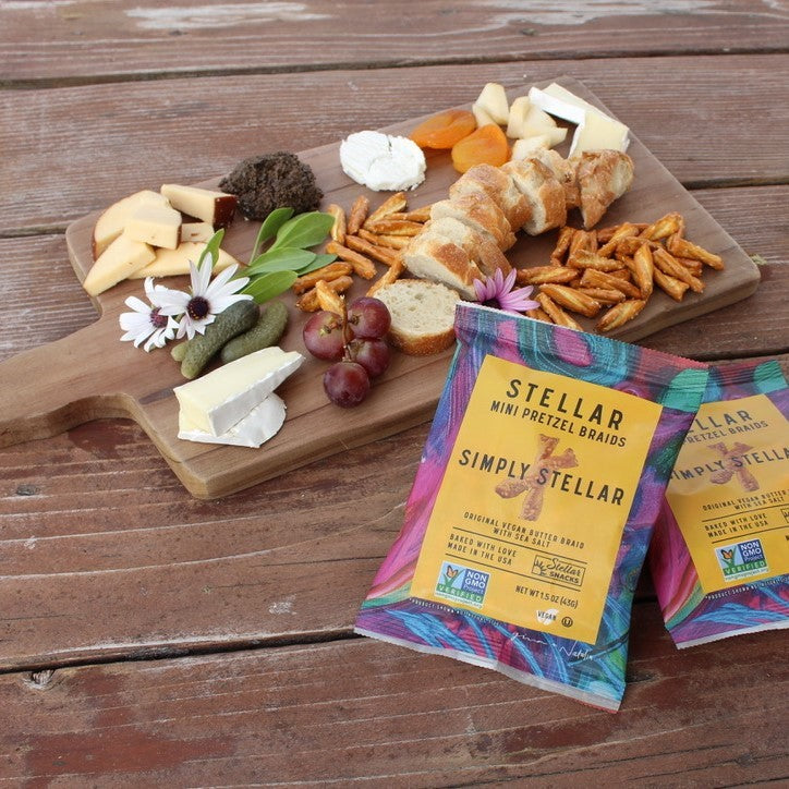 An image of Stellar Snacks' 1.5 ounce Simply Stellar pretzels with charcuterie board