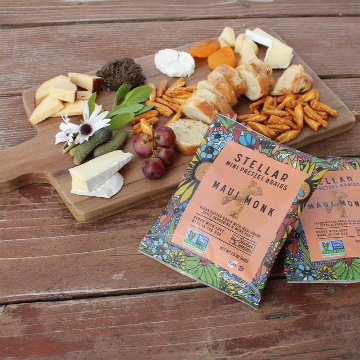 An image of Stellar Snacks' 1.5 ounce Maui Monk pretzels with charcuterie board