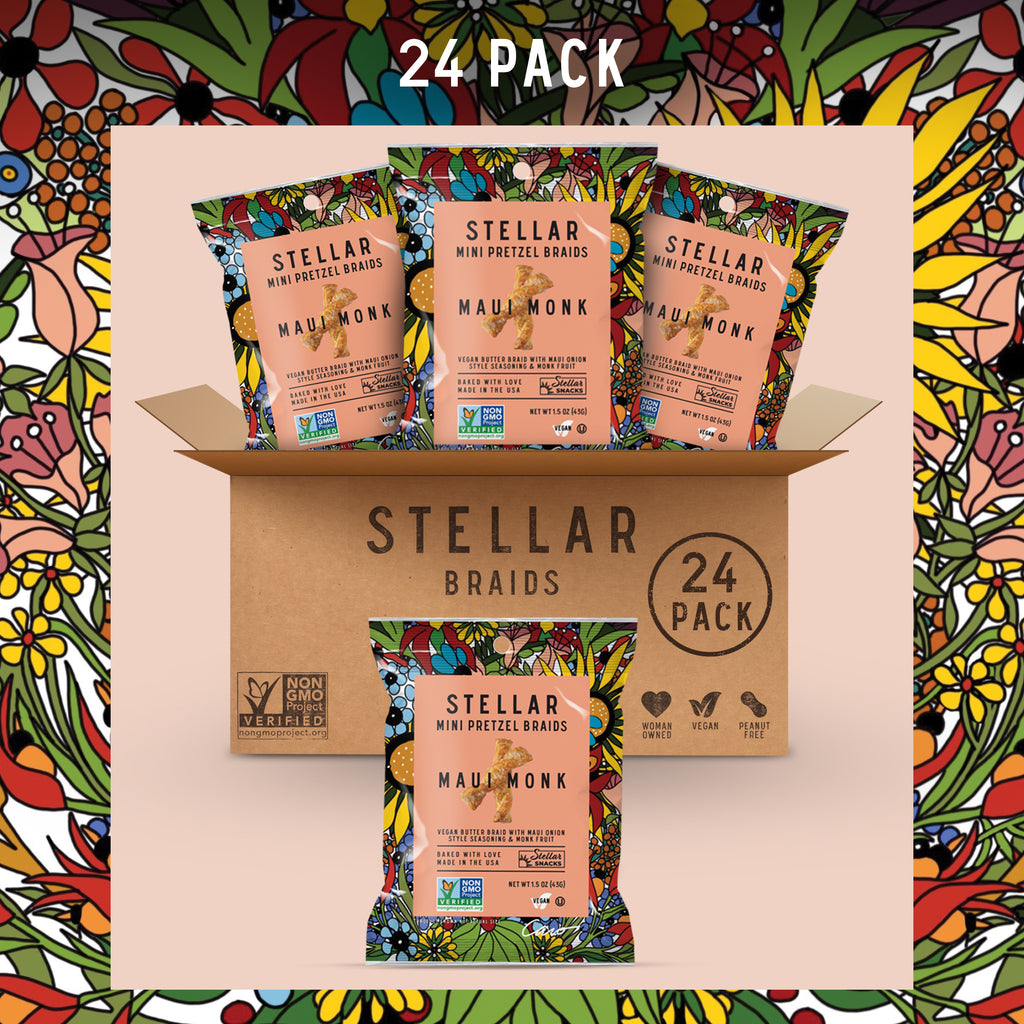 An image of the twenty four pack of Stellar Snacks' 1.5 ounce Maui Monk pretzels