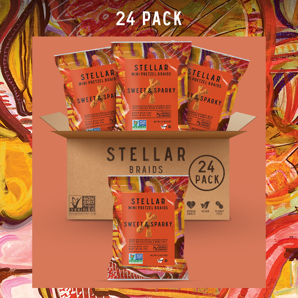 An image of the twenty four pack of Stellar Snacks' 1.5 ounce Sweet and Sparky pretzels