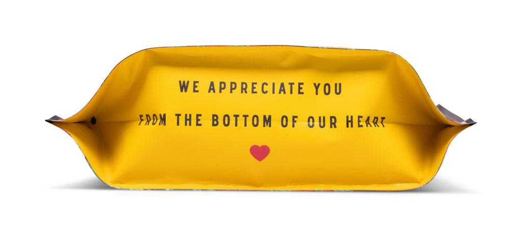 An image of Stellar Snacks' 5 ounce Simply Stellar pretzels with we appreciate you from the bottom of our hearts written on the bottom of the bag