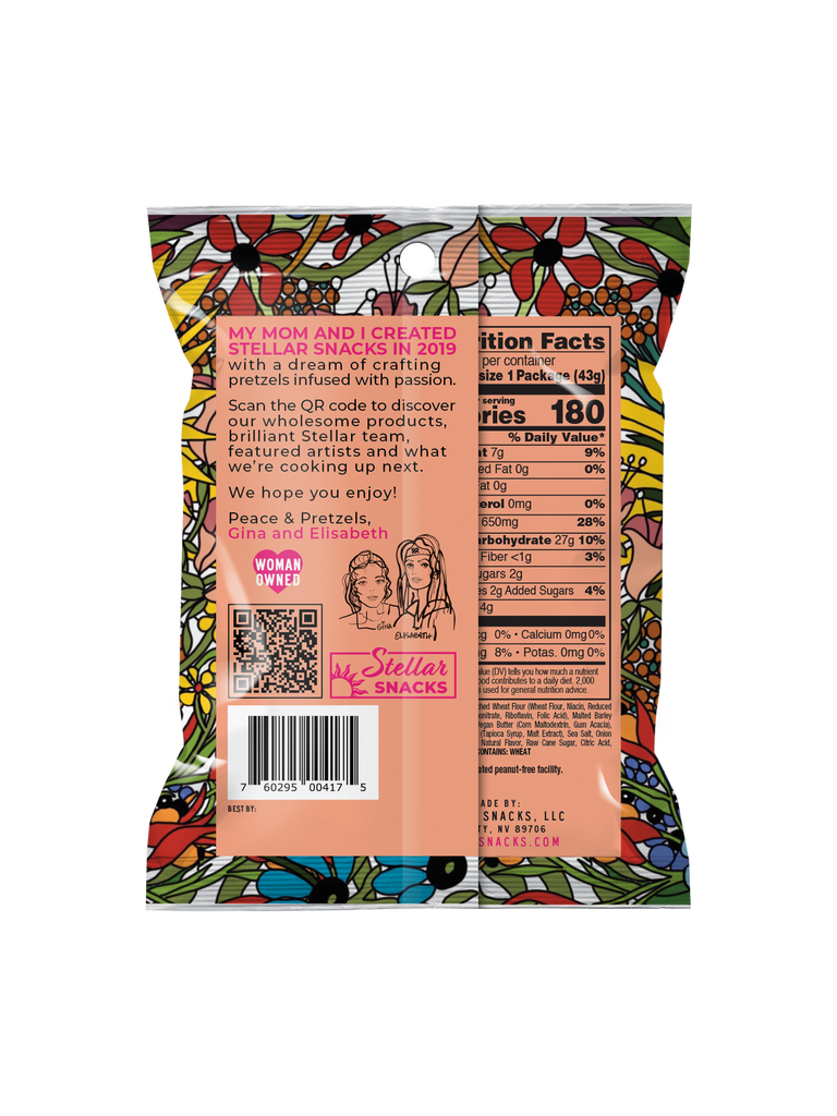 An image of the back of the Stellar Snacks' 1.5 ounce Maui Monk pretzels