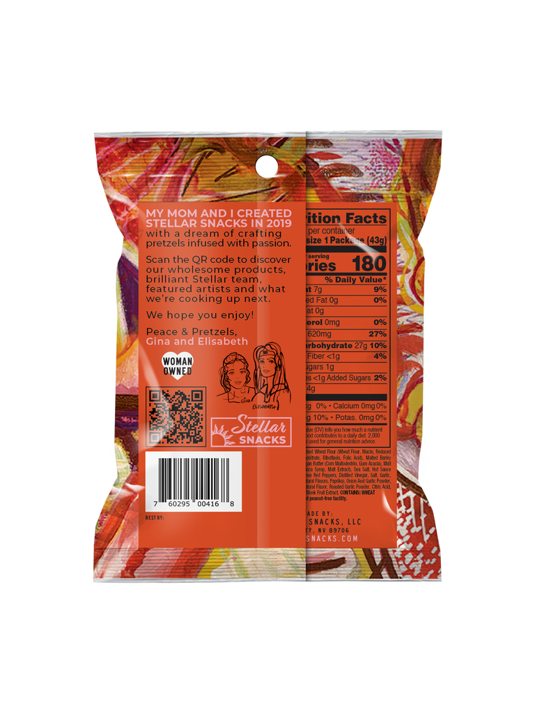An image of the back of Stellar Snacks' 1.5 ounce Sweet and Sparky pretzels
