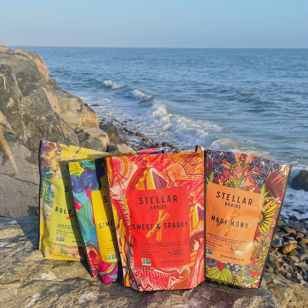 An image of Stellar Snacks' 16 ounce Sweet and Sparky, Bold and Herby, Simply Stellar, and Maui Monk pretzels