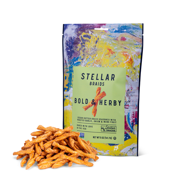 An image of Stellar Snacks' Bold and Herby 5 ounce pretzels