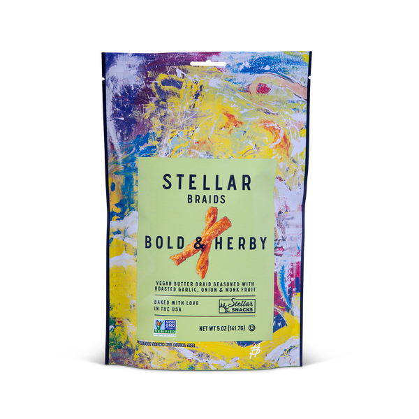 An image of Stellar Snacks' Bold and Herby 5 ounce pretzels